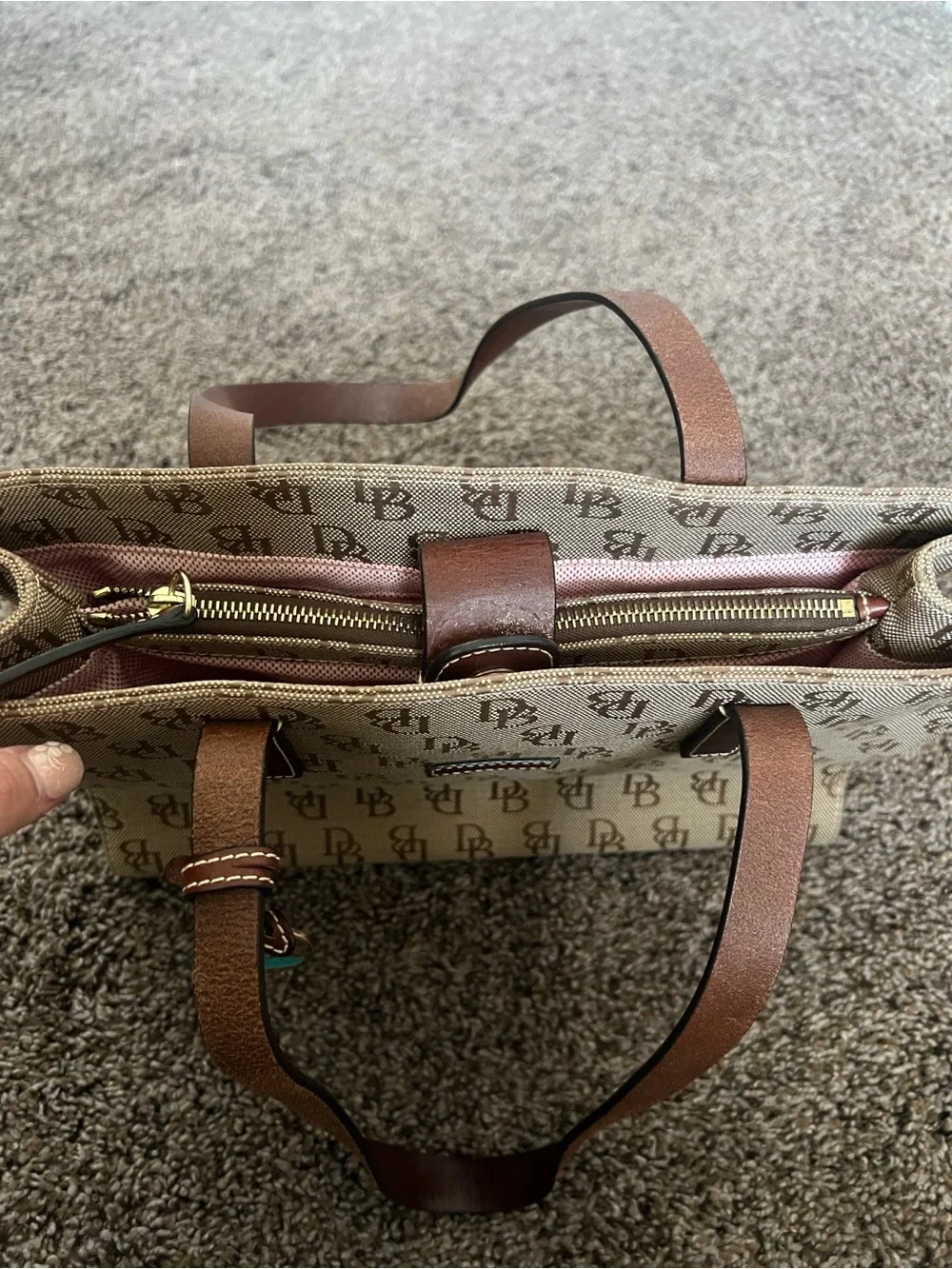 Vintage Dooney & Bourke Beige Signature Canvas Tote with Brown Trim